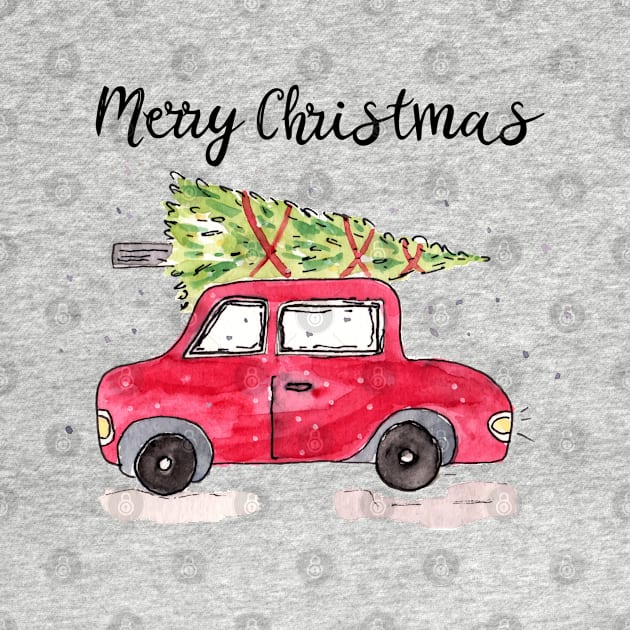 Watercolor Christmas Car with Tree by Harpleydesign